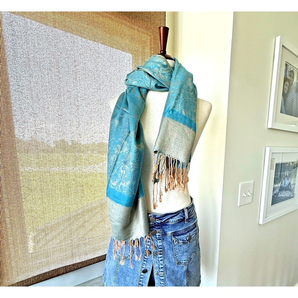 Paskmina Scarf Shawl Turquoise Gold Paisley Boho Wrap Fringe